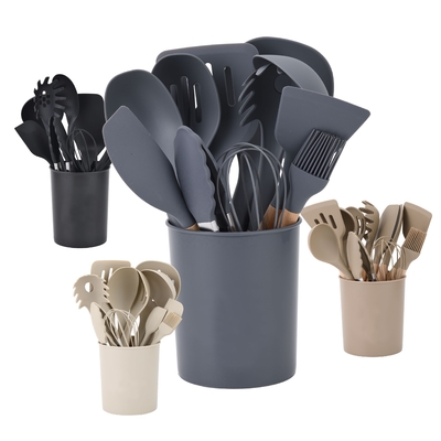Ensemble d'outils de cuisine à poignée en bois avec boîte à support et outils de cuisine en silicone non collant