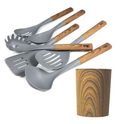 Impression à la soie ou logo défoncé Manche en bois luxueuse Ensemble d'ustensiles de cuisine gris