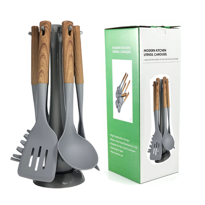 Impression à la soie ou logo défoncé Manche en bois luxueuse Ensemble d'ustensiles de cuisine gris
