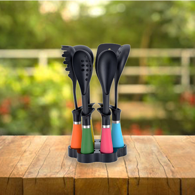 Outils de cuisine antiadhésifs avec poignées colorées en nylon66 et logo imprimé en soie