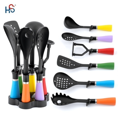 Outils de cuisine antiadhésifs avec poignées colorées en nylon66 et logo imprimé en soie