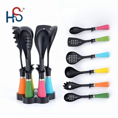 Outils de cuisine antiadhésifs avec poignées colorées en nylon66 et logo imprimé en soie
